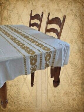 Vintage BAYER DRALON Tablecloth in Off White with Brown & Yellow Flowers 93"x59"